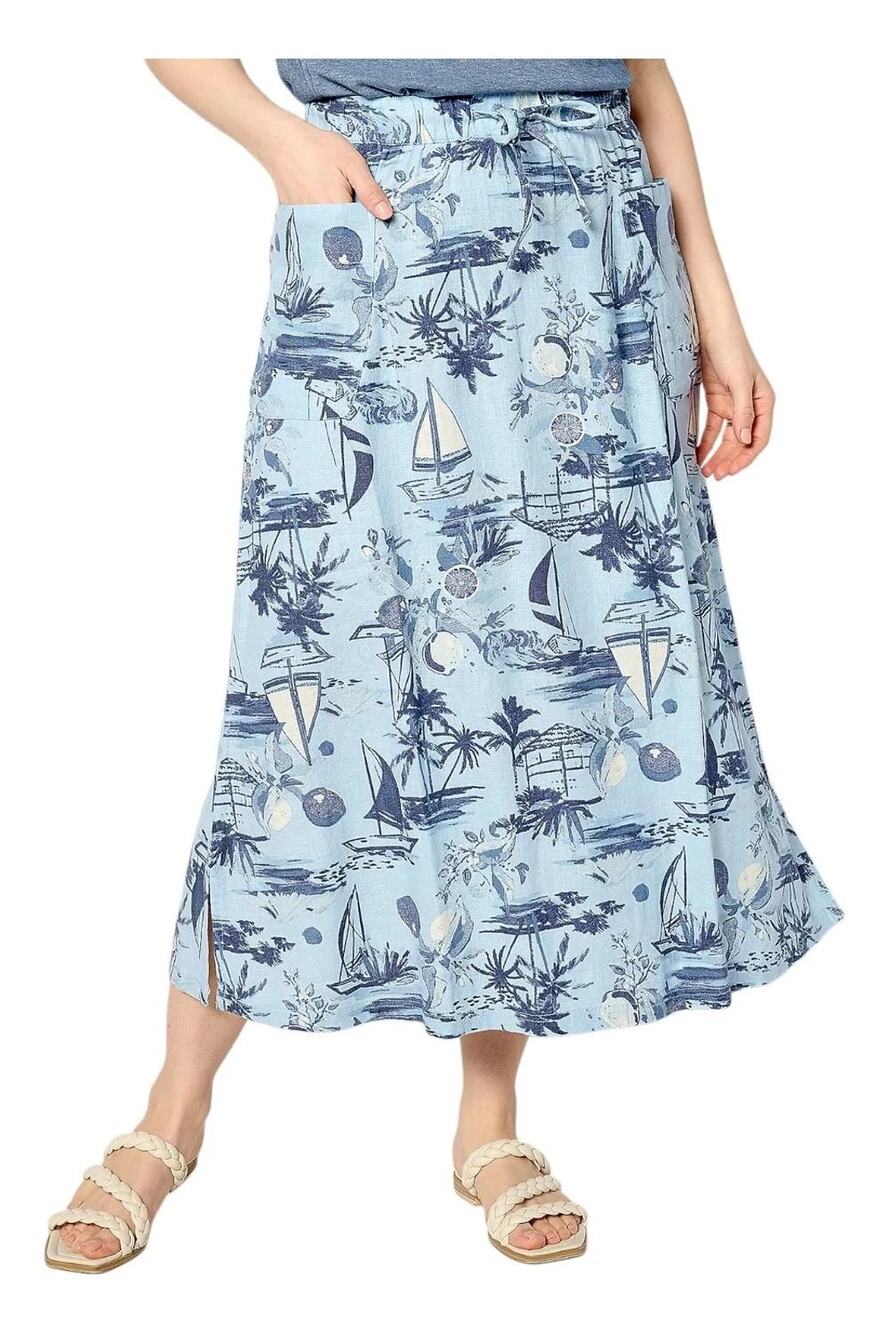 Denim & Company Midi Skirt Womens Large Petite LP Blue Linen Blend Coastal